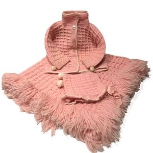 VTG Baby Girl Fringe Blanket Sweater Hat Set Crochet Pink Poms Handmade Grandma